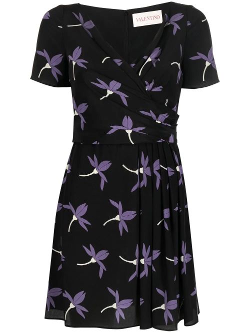 Floral-Print Pleated Dress — Black
