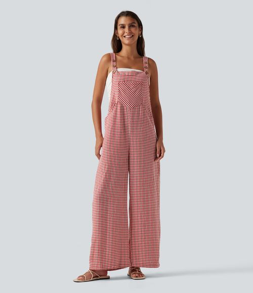 Plaid Casual Linen-Feel Overalls with Pockets  - Cherry Gingham