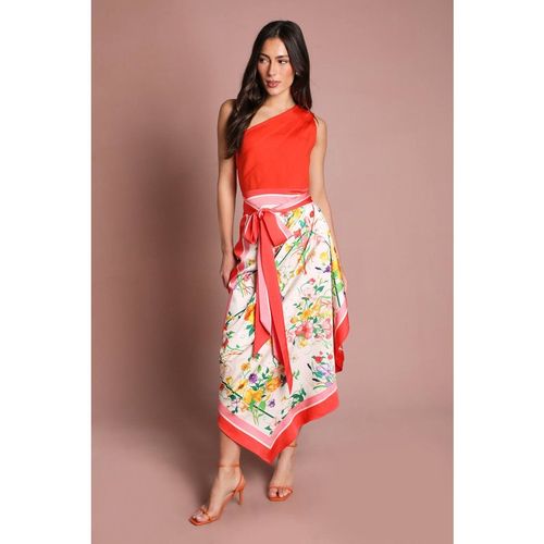 Coast Bandage One Shoulder Printed Satin Midi Dress In Ivory