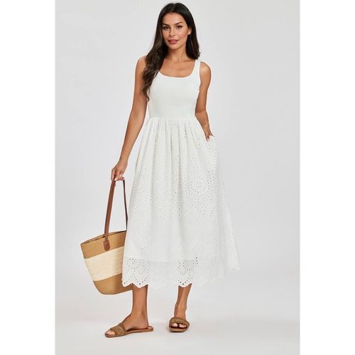 FS Collection Women's Broderie Anglaise Sleeveless Midi Dress in White