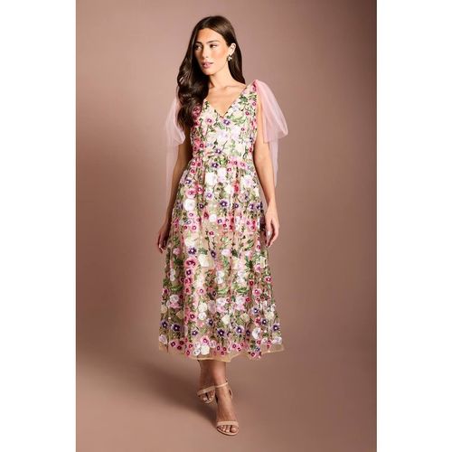 Coast Women's Muse Tie Shoulder Embroidered Mesh Midi Dress in Pink