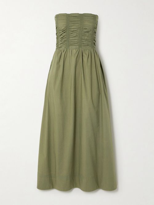 Faithfull | Dominquez Smocked Strapless Organic Cotton-poplin Midi Dress -  Green | Realry