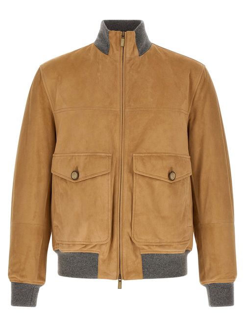 Suede Bomber with Knit Trim Jacket — Camel