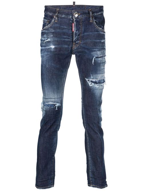 Distressed-finish tapered-leg jeans - Blue