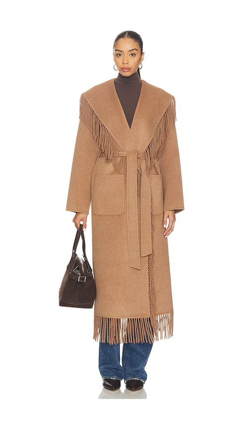 SIMKHAI Carrie Fringe Robe Coat in Taupe. S. Also in L