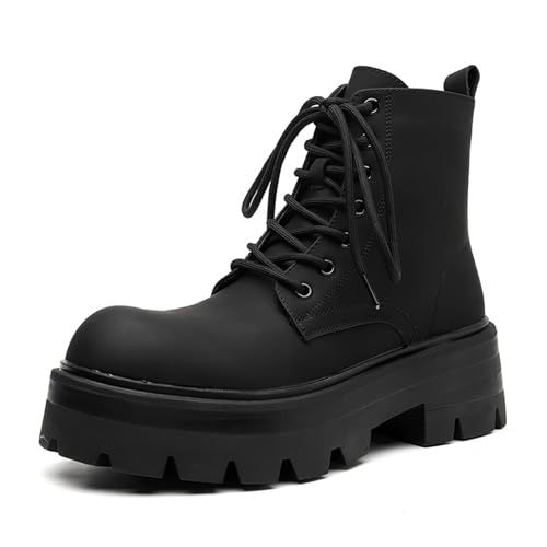 Men Black Leather Lace-up Platform Combat Boots Retro Round Top Lace-Up Comfort Chunky Heel Lug Sole Casual Biker Ankle