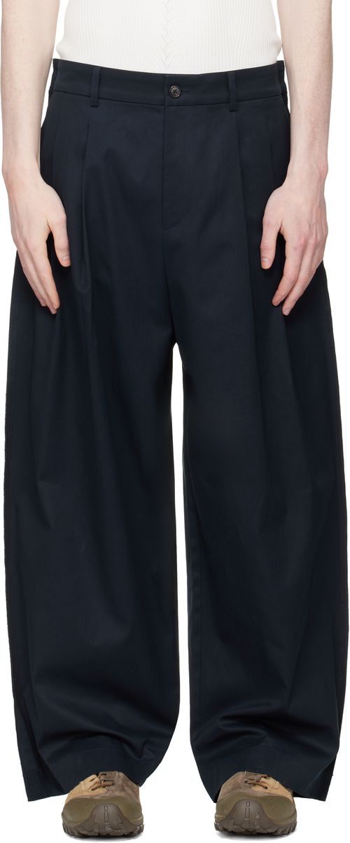Navy Raw Edge Two Tuck Trousers
