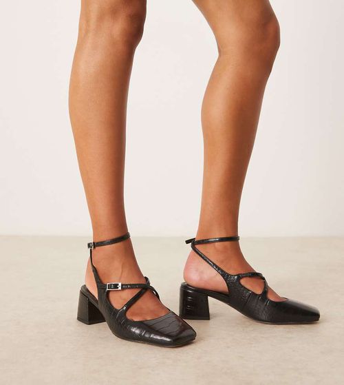 Wide Fit Simone buckle strap detail mid block heel shoes in black croc