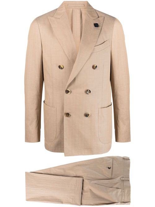 Double-breasted logo-plaque suit - Neutrals
