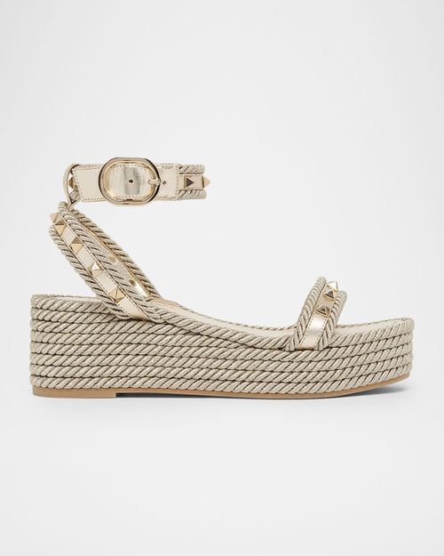 45mm Rockstud Leather Espadrille Flatform Sandals