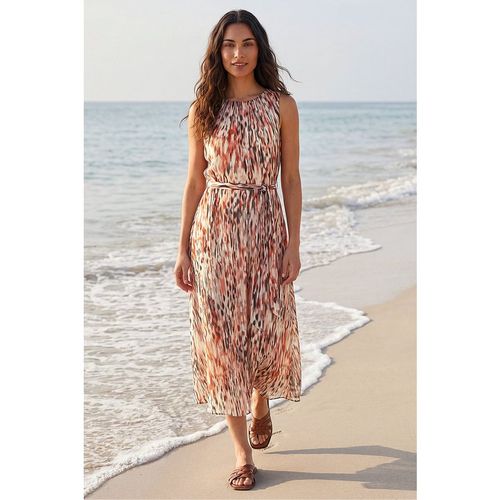Roman Womens Animal Print Chiffon Pleat Neck Midi Dress - Chocolate