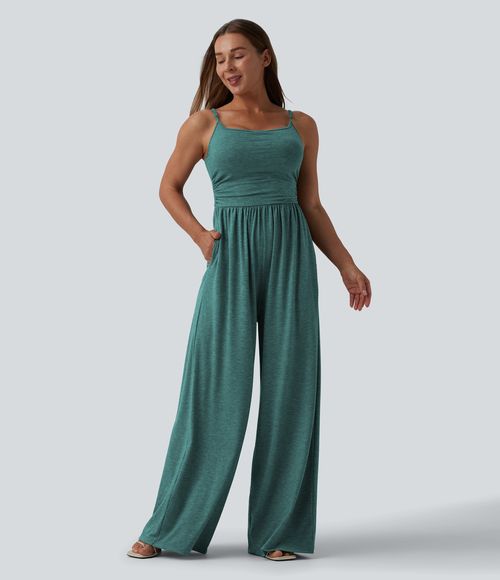 Adjustable Straps Ruched Wide Leg Heathered Casual Jumpsuit with Pockets-Easy Peezy  - Jade Green Floral Yarn