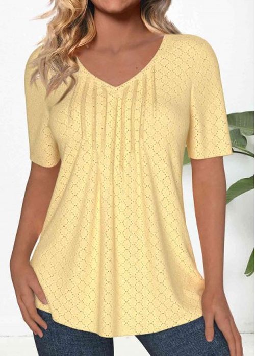 Modlily Light Yellow Textured Fabric Short Sleeve T Shirt