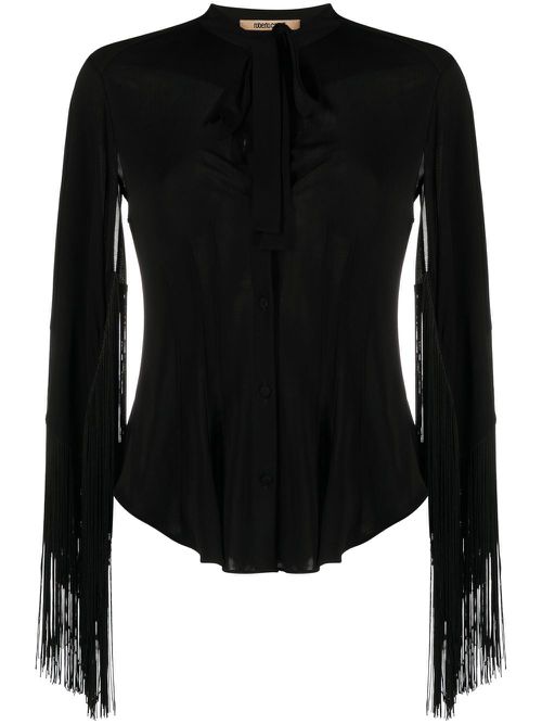 Fringe cuffs tie-collar shirt - Black