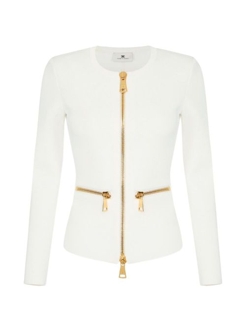 Golden Zip-Detail Milano Knit Cardigan — Cream