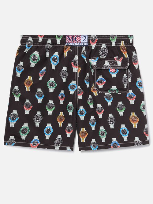 Gustavia Swim Shorts Solid Black With Watch Print Swimshort - Men