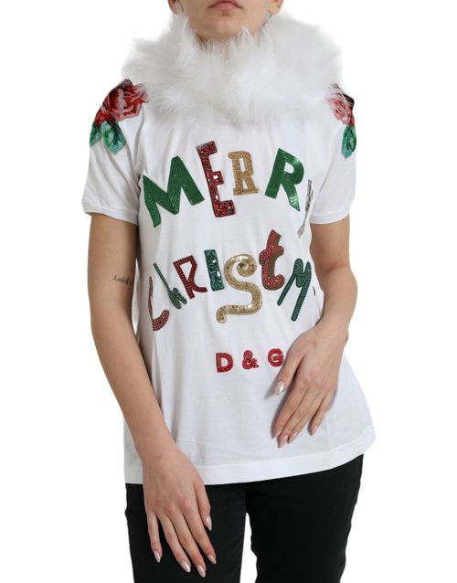 Christmas Sequin with Faux Fur Collar T-Shirt — White
