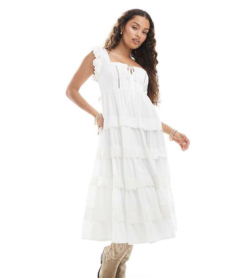 Miss Selfridge Petite broderie trim baby doll maxi dress in white