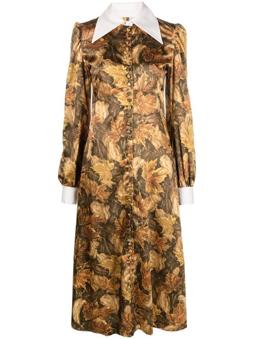 Leaf-print shirt dress - Brown