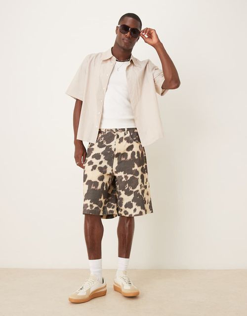 Long length jorts in cow print-Multi