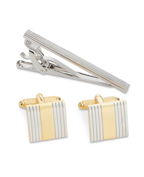 Perry Ellis Men's Classic Cuff Links & Tie Bar Set - Silver And Gold