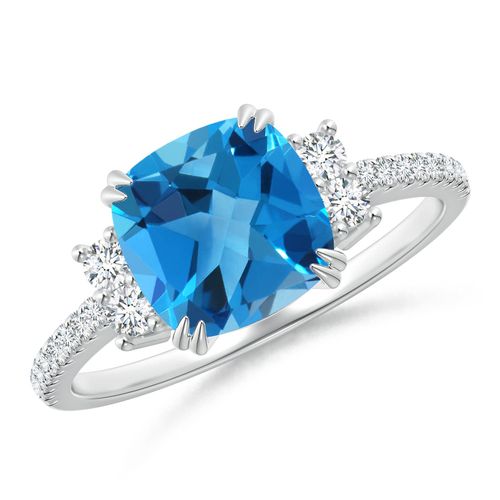 Angara 2.5 Carats Double Claw-Set Cushion Swiss Blue Topaz Ring in Platinum