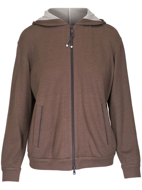 Cotton-Silk Blend Hooded Cardigan — Brown
