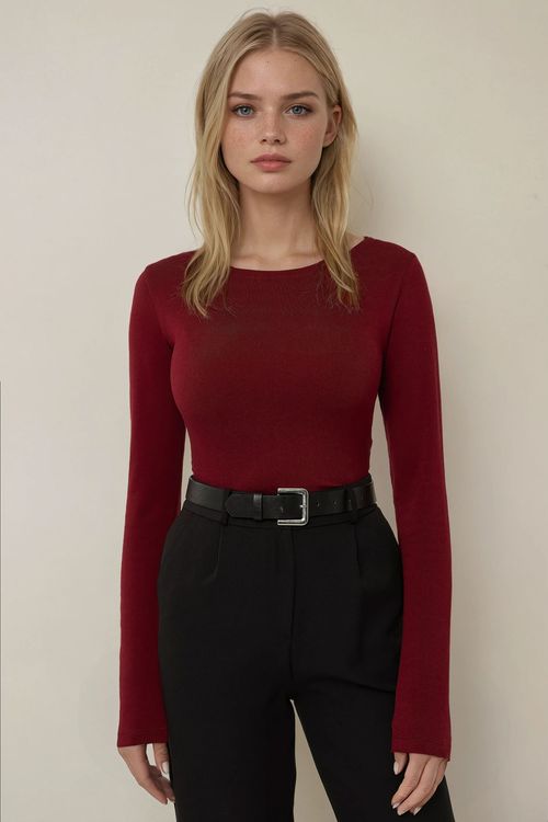 Burgundy Red Slim Fit Boat Neck Long Sleeve Top Women