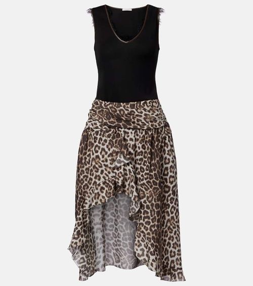 Lace-trimmed leopard-print asymmetric midi dress