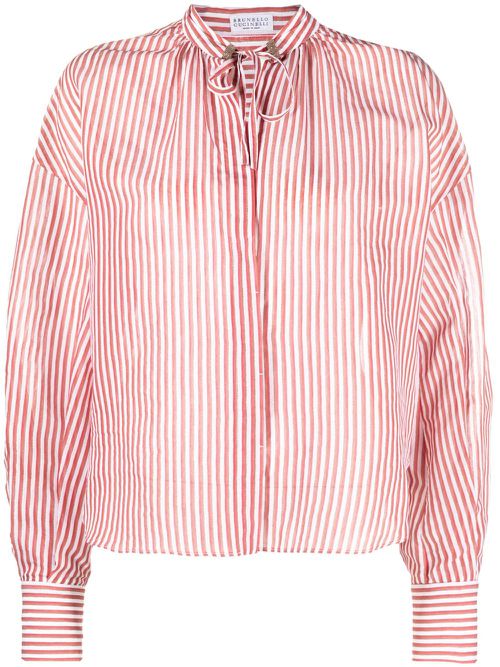 Stand-up collar striped blouse - White