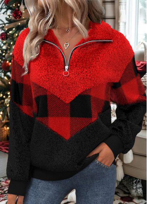 Modlily Christmas Black Patchwork Plaid Long Sleeve Sweatshirt
