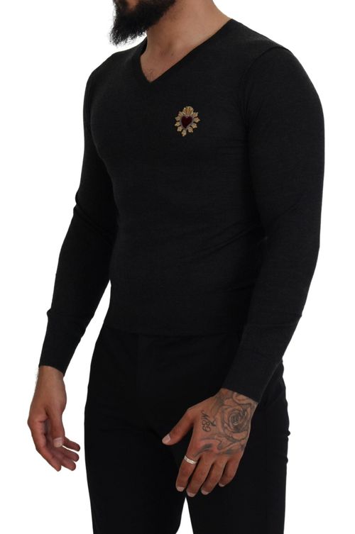 Gold-Heart Embroidered Cashmere Sweater — Gray