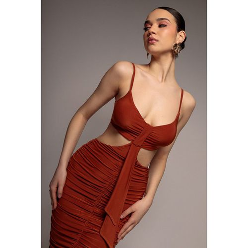Goddiva Cut Out Ruched Bodycon Midi Dress - Rust