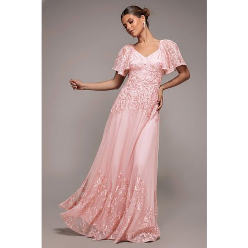 Goddiva Lace Flutter Sleeve Embroidered Mesh A Line Maxi Dress - Pink