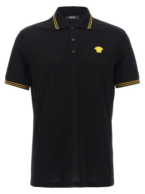 Medusa Logo Cotton Piqué Polo Shirt — Black