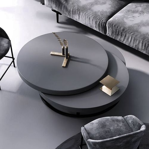 Moderner drehbarer runder Couchtisch aus Holz in Grau mit Stauraum