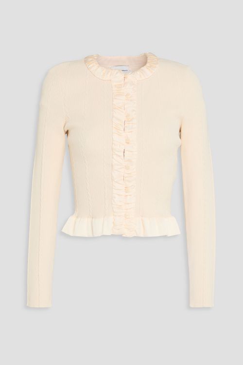 Ruffled satin-trimmed ribbed and cable-knit cardigan - White - L