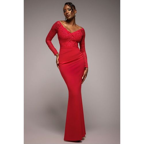 Scalloped Lace Bodice Long Sleeve Bardot Maxi Dress - Red by Goddiva