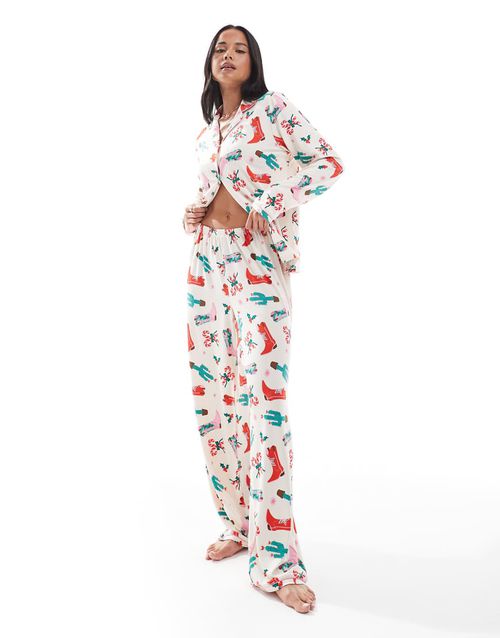 Christmas long sleeve revere and trouser pyjama set in cowboy print-Multi