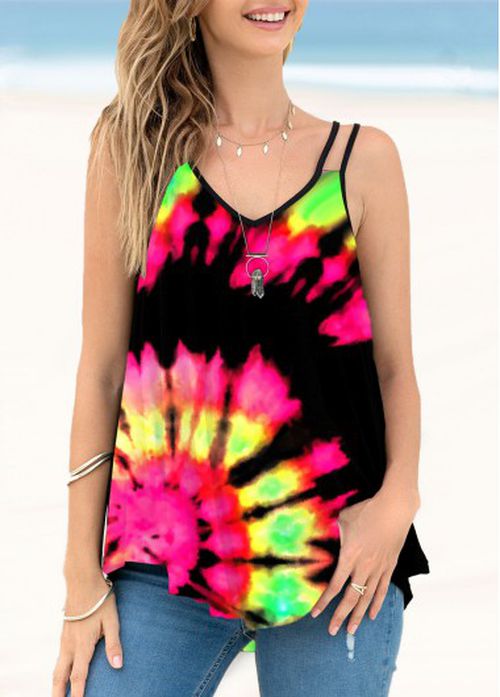 Modlily Spaghetti Strap Tie Dye Print Multi Color Camisole Top