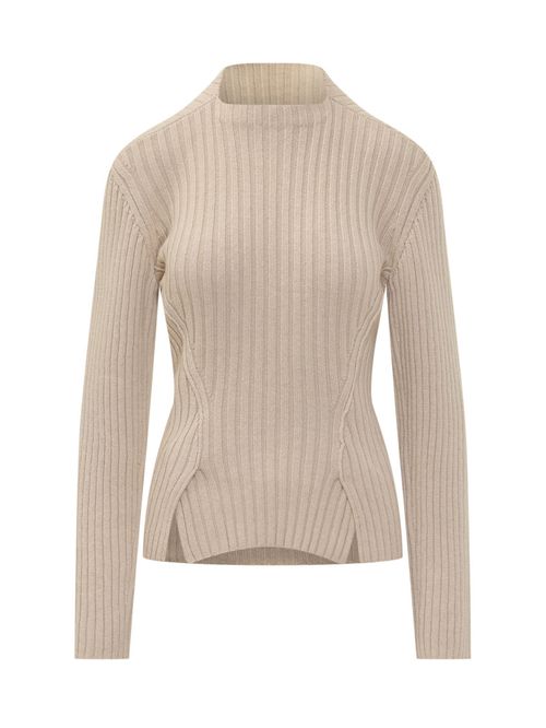Beige Knitted Mock Collar Sweater