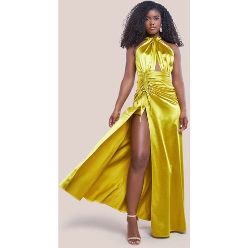 Halter Neck Front Split Satin Maxi Dress