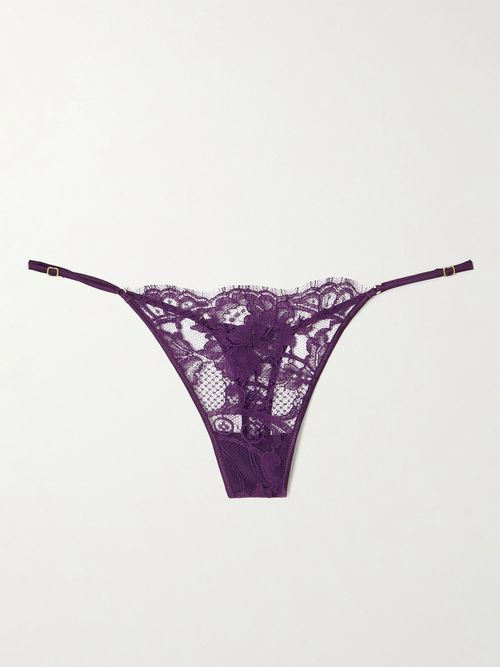 Camille Stretch-silk Satin-trimmed Organic Cotton-lace Thong - Purple