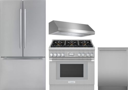 Thermador 4 Piece Kitchen Appliances Package with French Door Refrigerator, Gas Range and Dishwasher in Stainless Steel THRERADWRH1288