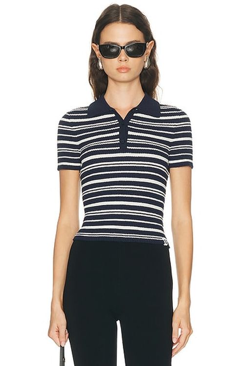 SIMKHAI Averie Knit Polo Top in Midnight Stripe - Navy. XS also in L