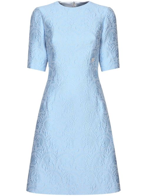 Short-sleeve brocade midi dress - Blue