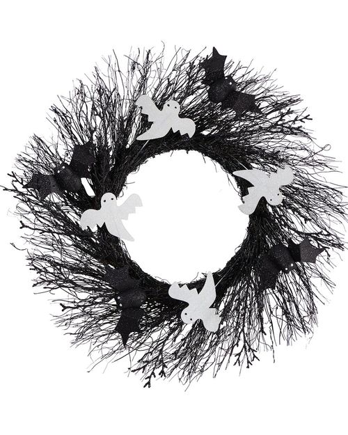 Halloween Ghost And Bats Twig Wreath 22In.