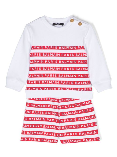 Logo-stripes cotton short set - White