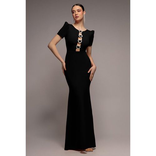 Goddiva Diamante Embellished Heart Brooch Scuba Maxi Dress - Black