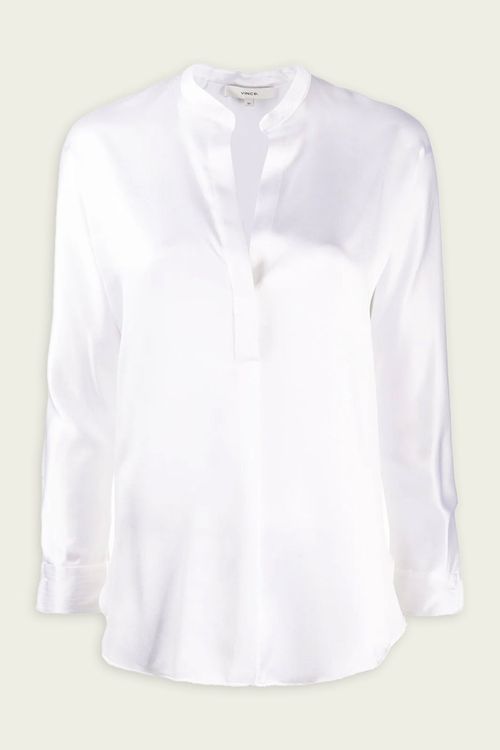 Silk Satin Band-Collar Blouse in Optic White